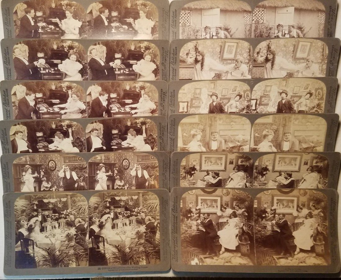 DOMESTIC SCENES / COUPLES ~ UNDERWOOD ~ LOT of 12 Antique Stereoview Cards