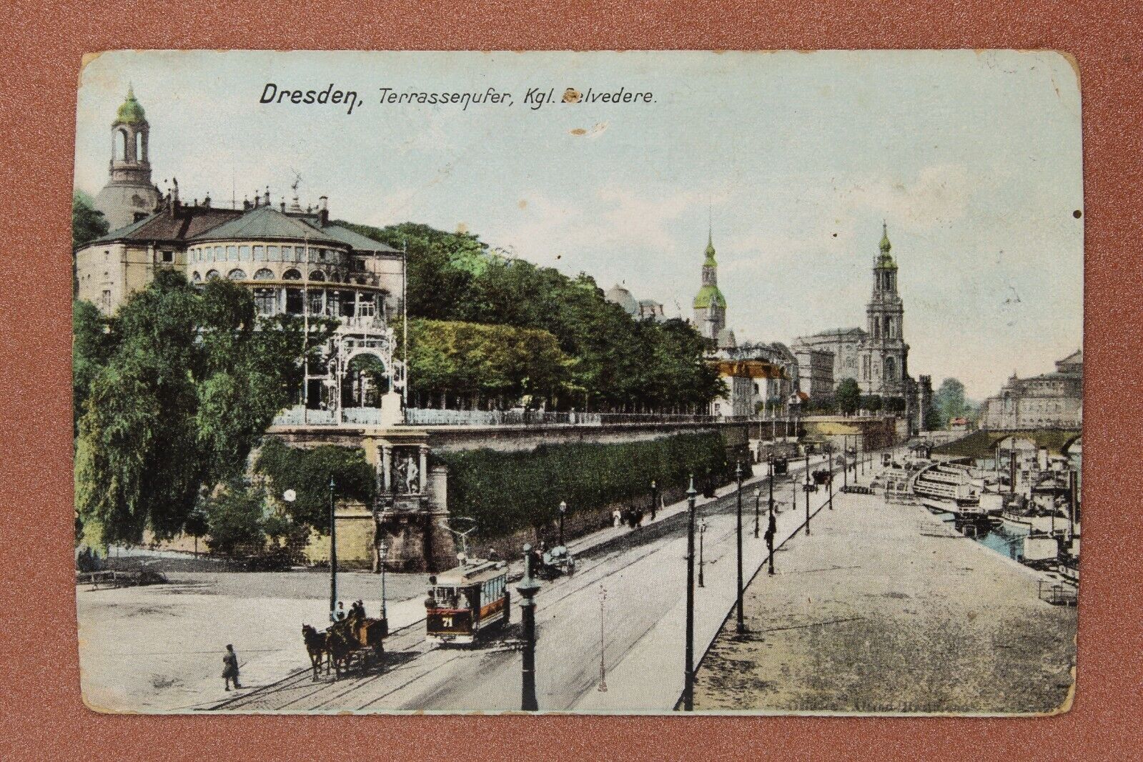 Dresden, Terrassenufer, Kgl. Belvedere Old Tram. Horses. Antique postcard 1910s