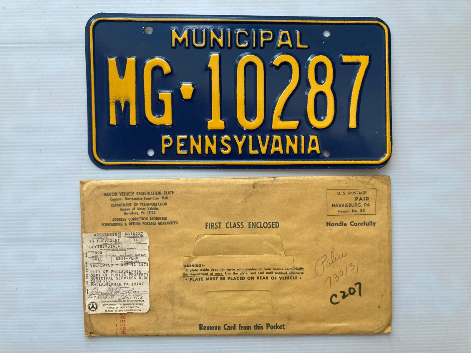 1973 PENNSYLVANIA MUNICIPAL GOV LICENSE PLATE Envelope Regist. LAW ENFORCEMENT