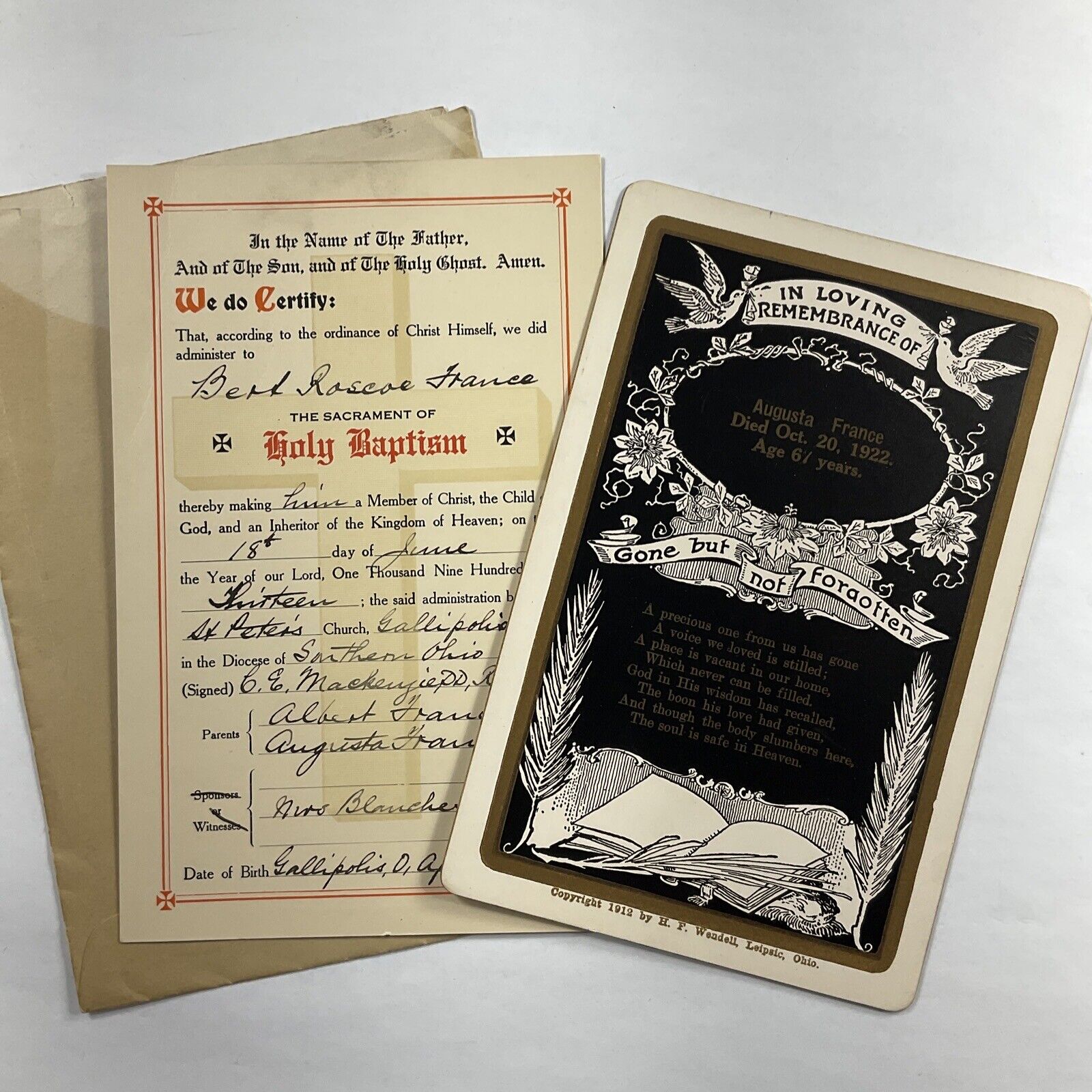 1922 Gallipolis, Ohio Funeral Card & 1913 Baptism Certificate Last Name:  France