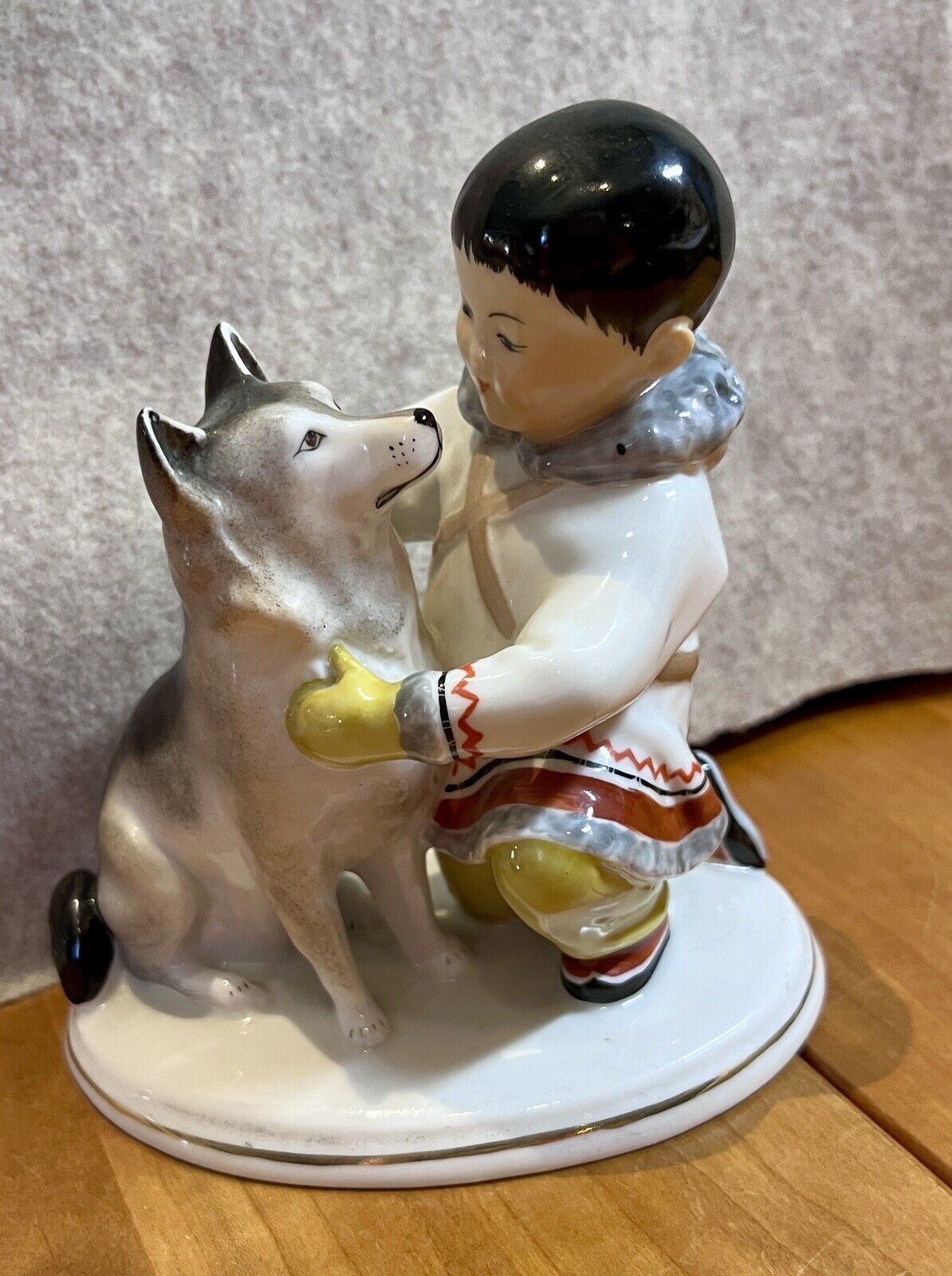 Lomonosov Imperial Porcelain Yakut Eskimo Boy Dog Ceramic Figurine 5.25 inch