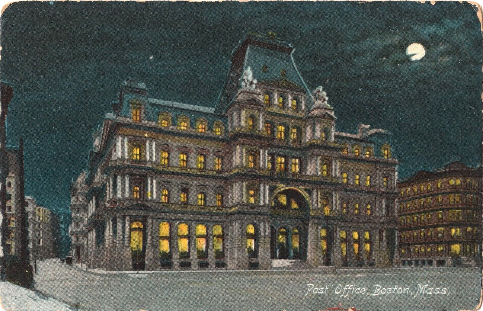 Post Office at Night-Boston, Massachusetts MA-antique unposted postcard