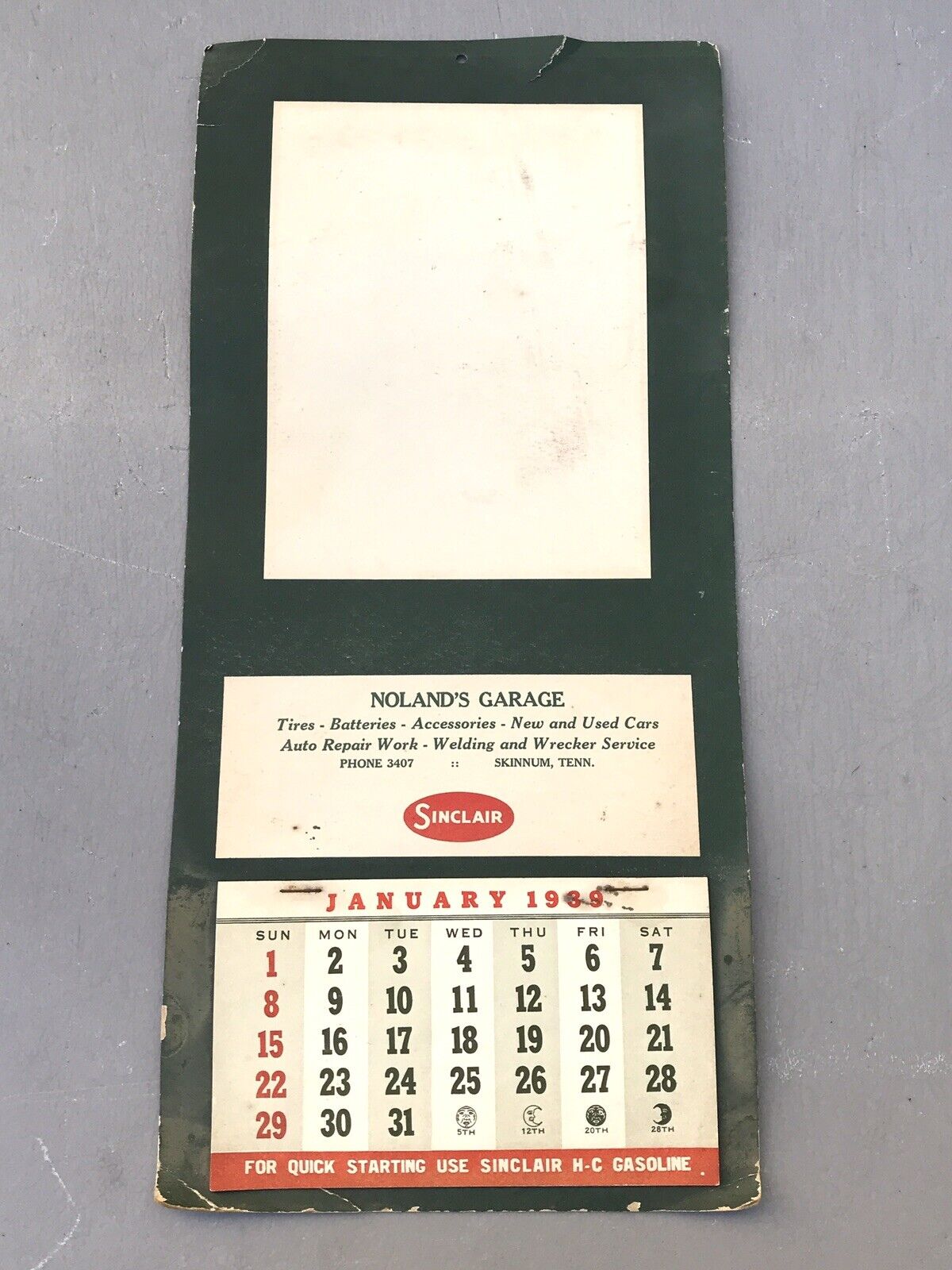 1939 Sinclair Gas Oil Service Station Calendar Nolands Garage Skinnum Tenn 15X7