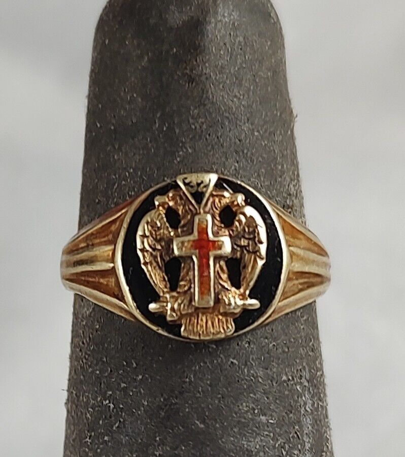 Antique 14K Yellow Gold Double Eagle 32nd Degree Scottish Rite Ring w\cross Sz 5