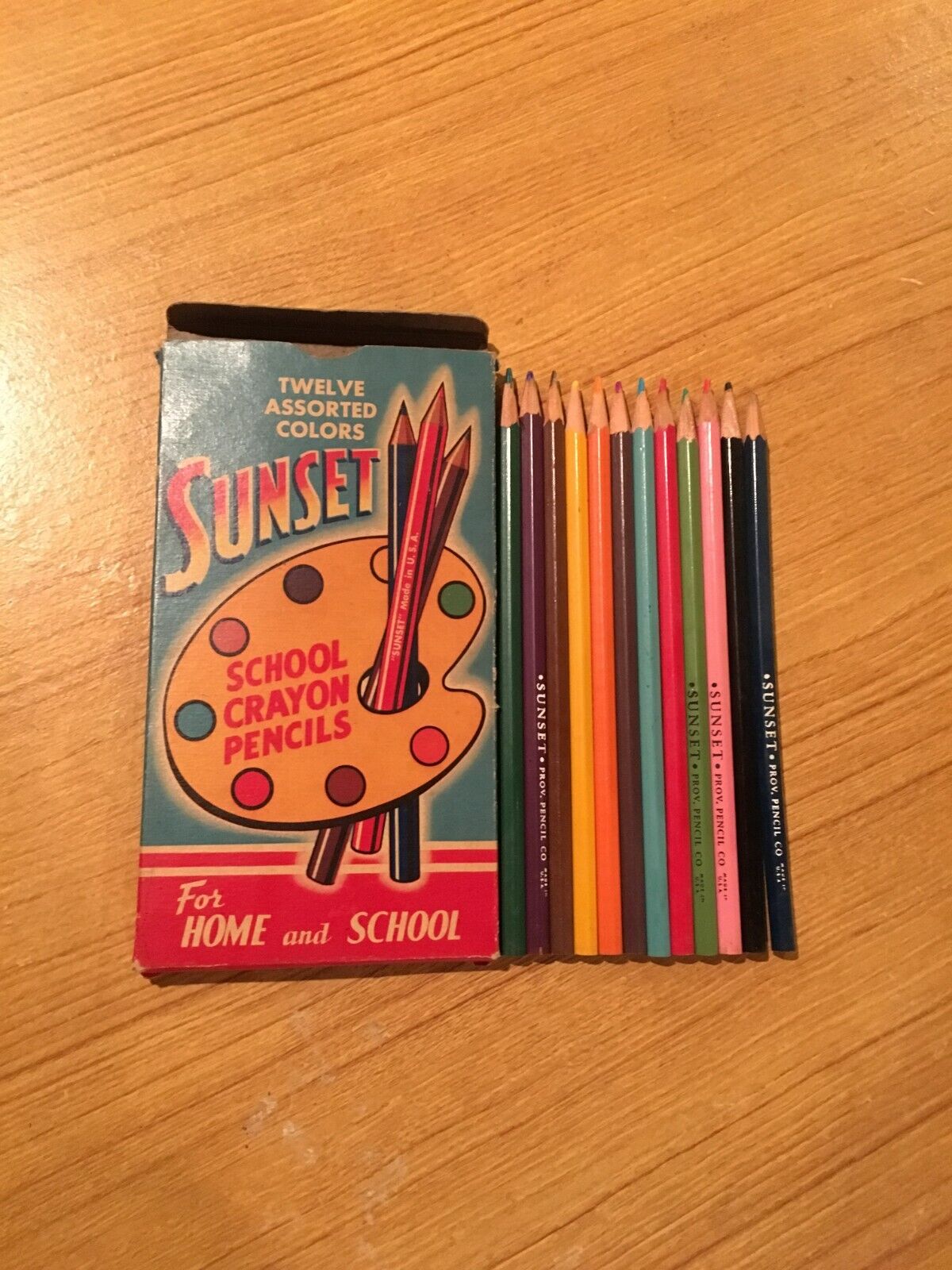 Vintage Box of 12 Sunset School Crayon Pencils By Empire Pencil Co - No 1112