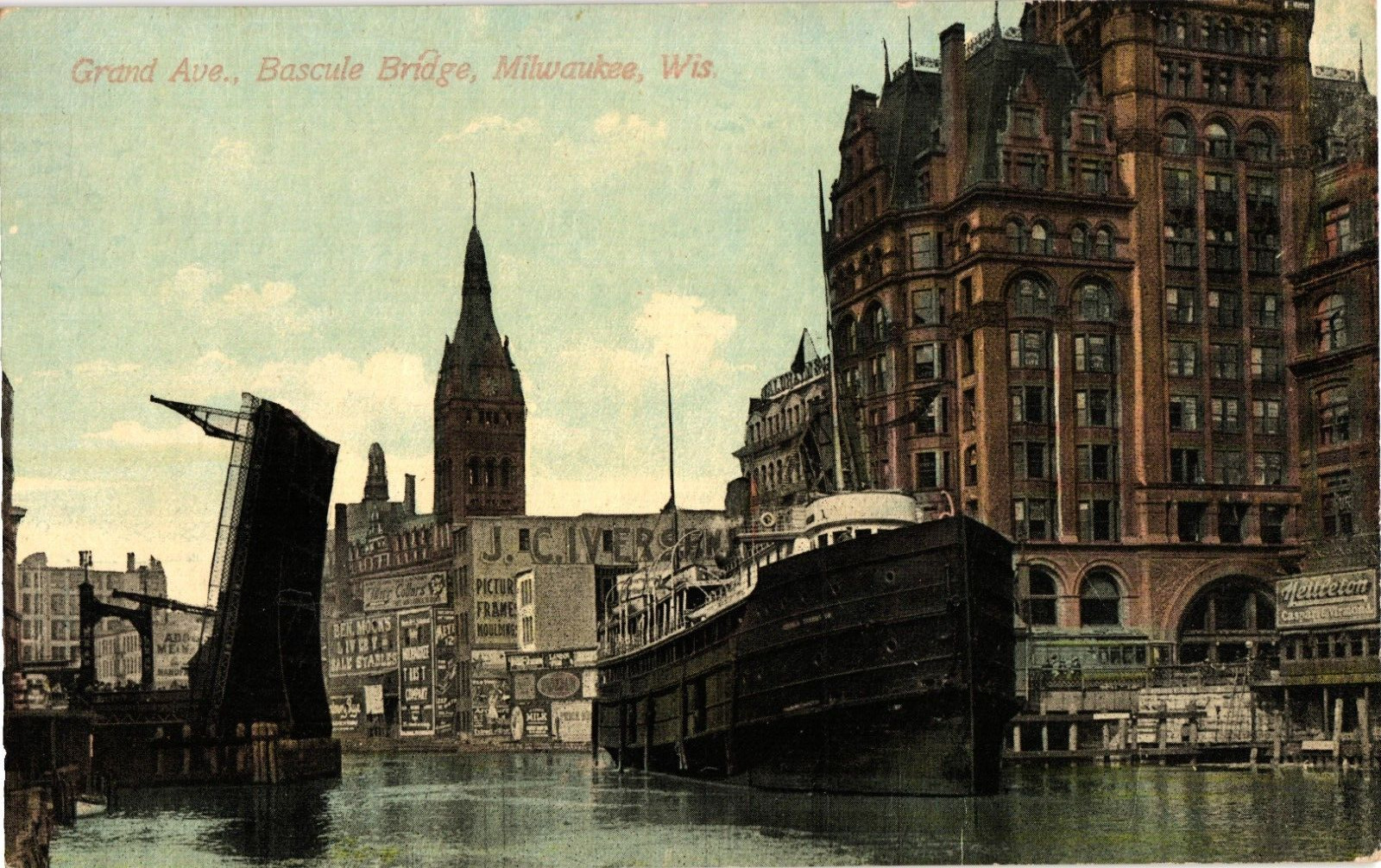Grand Ave Riverfront Bascule Bridge Milwaukee WI Divided Postcard c1910s