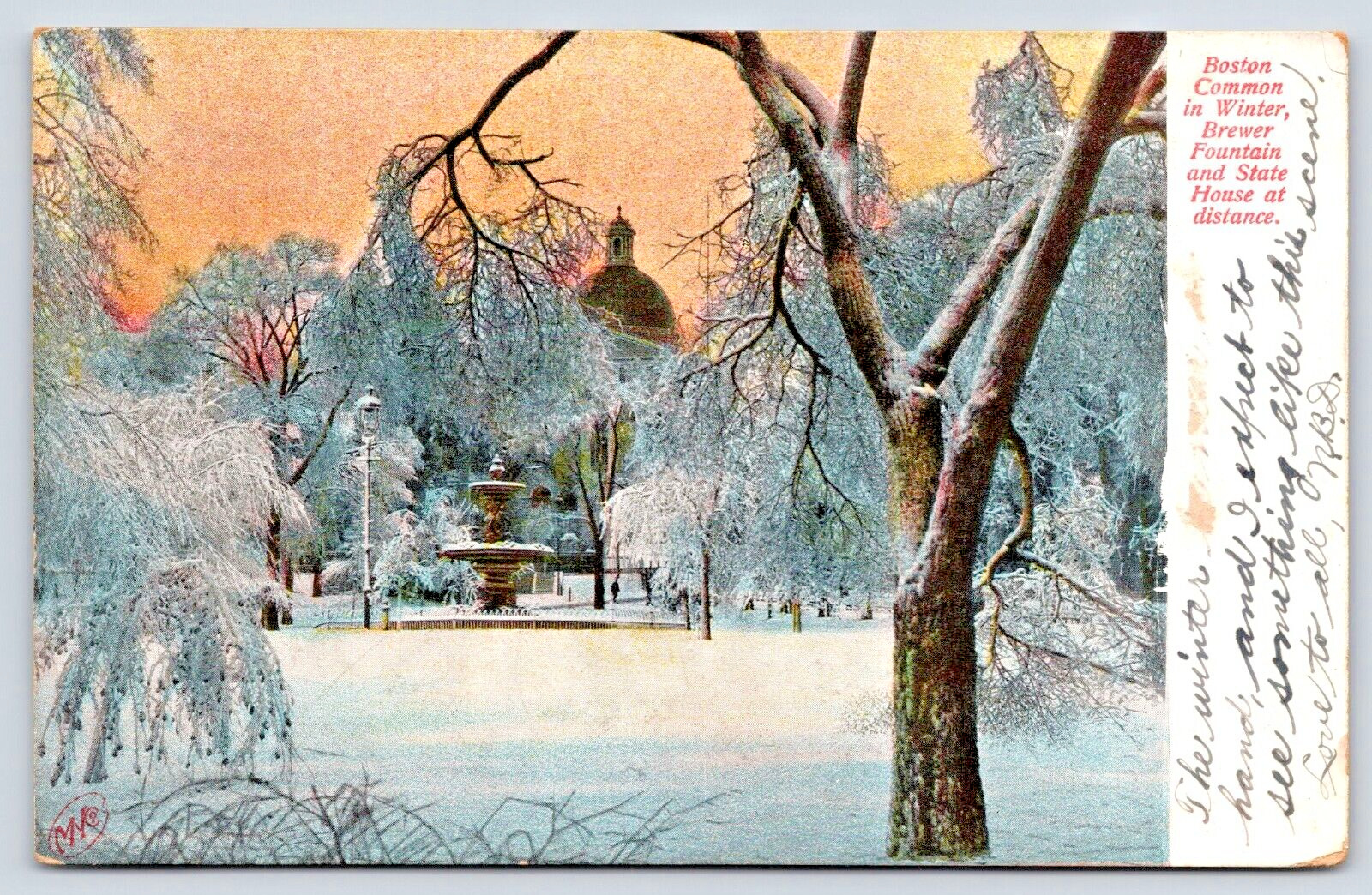 1907 Postcard Winter Boston Common Frozen Brewer Fountain State House Mass. A8