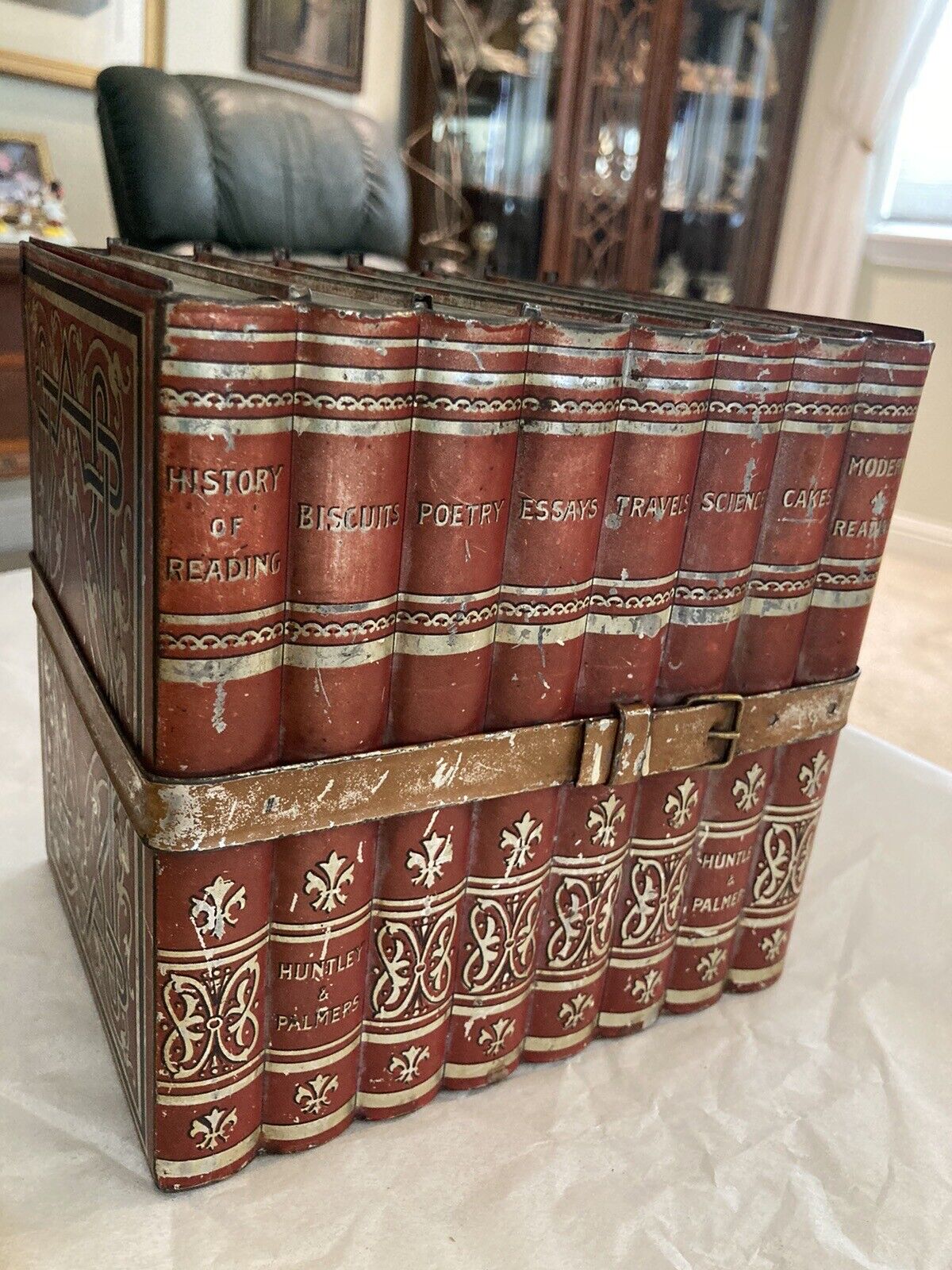 Rare Vintage Huntly & Palmers  Original Book Set Shape w/ Strap Biscuit Tin  Box