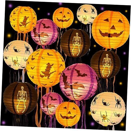 Retisee 20 Pcs Halloween Paper Lanterns with LED Light, 3 Size 8 Inch 10 Inch 