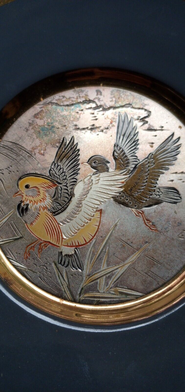 The Art of Chokin Plate 24k Gold Gild Edged, Birdies. Japan 6.25 in Dia
