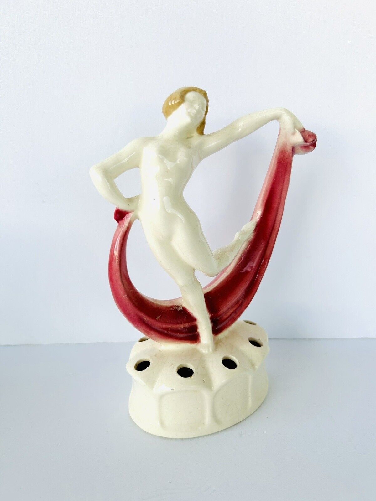 Art Deco Nouveau Vintage Nude Woman Scarf Dancer Flower Frog Ceramic Figurine