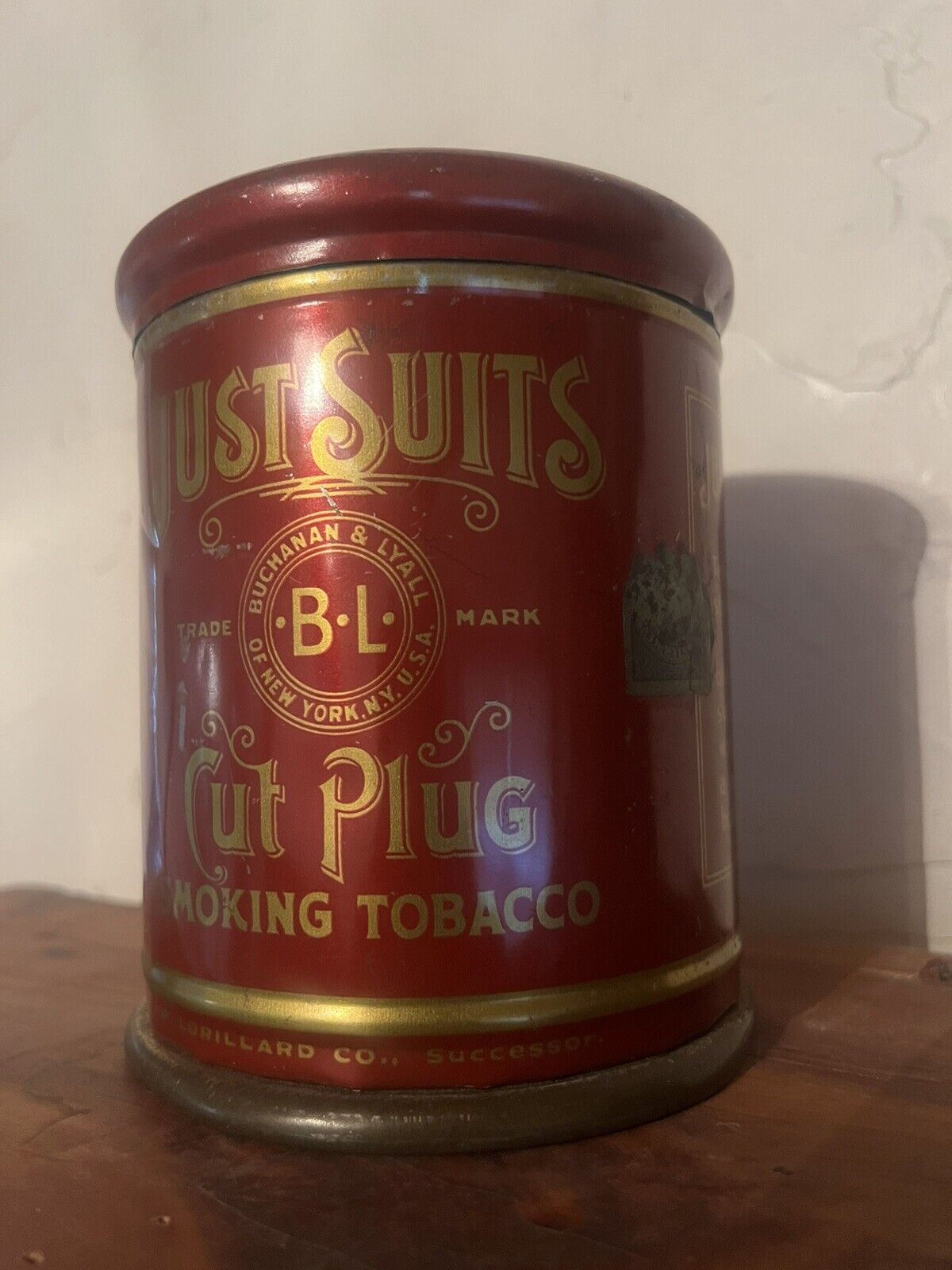 Antique Just Suits Knob Top Tobacco Tin (empty) Very Clean