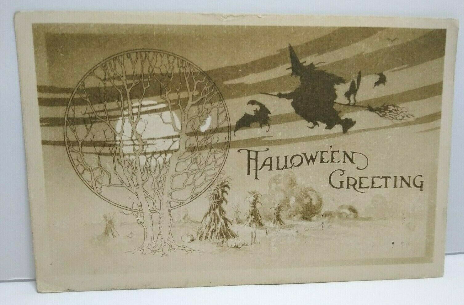 Halloween Postcard Gibson Witch Tree Of Life Bats Moon Gothic 1910 Vintage WV