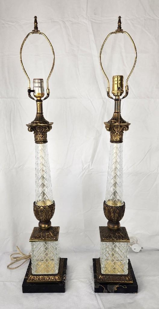 Pair of Corinthian Column Hollywood Regency Brass Cut Crystal Marble Base Lamps