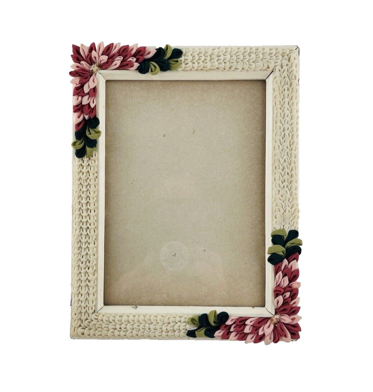 Antique VTG Painted White Wood Picture Frame Ribbon Floral Embellishments Signed