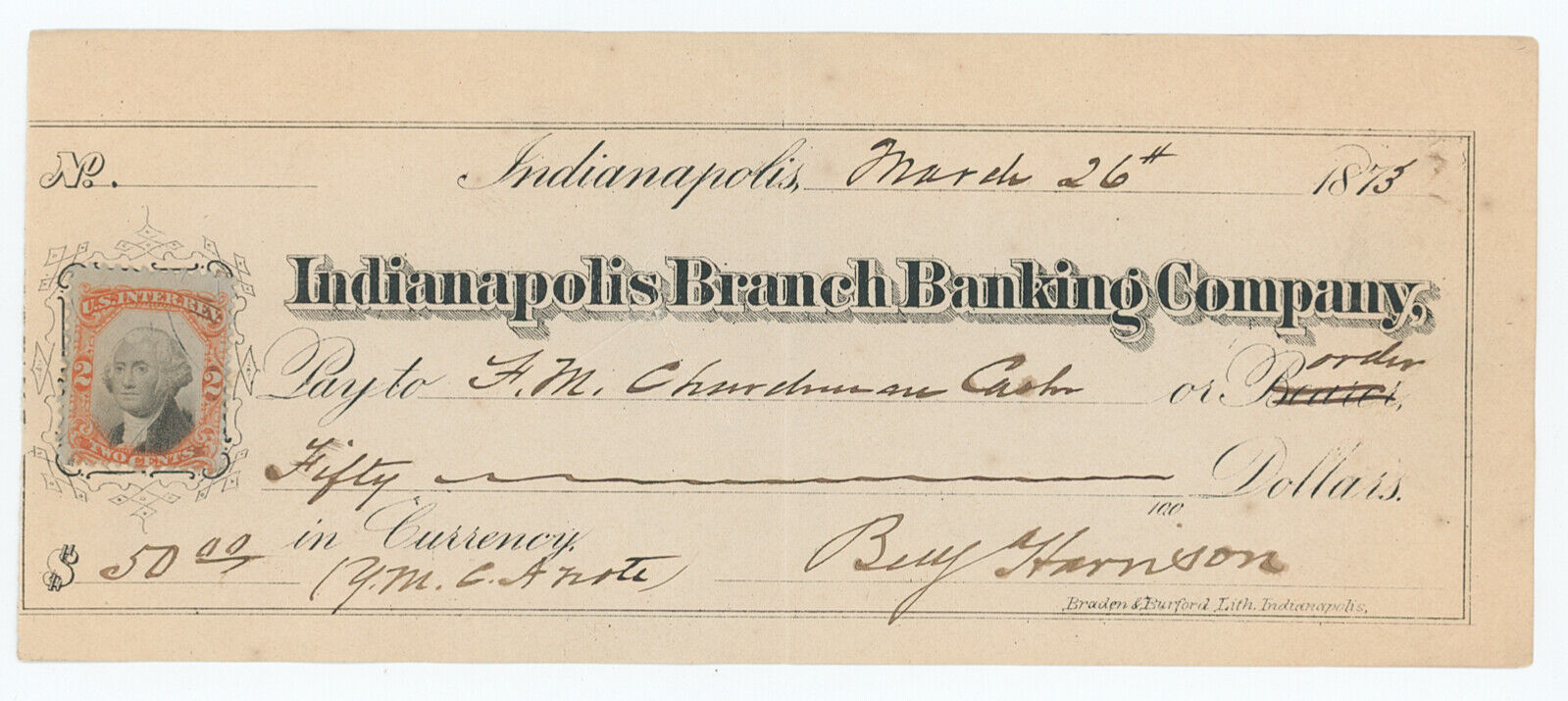 1873 President Benjamin Harrison Signed Check With Original Stamp. JSA