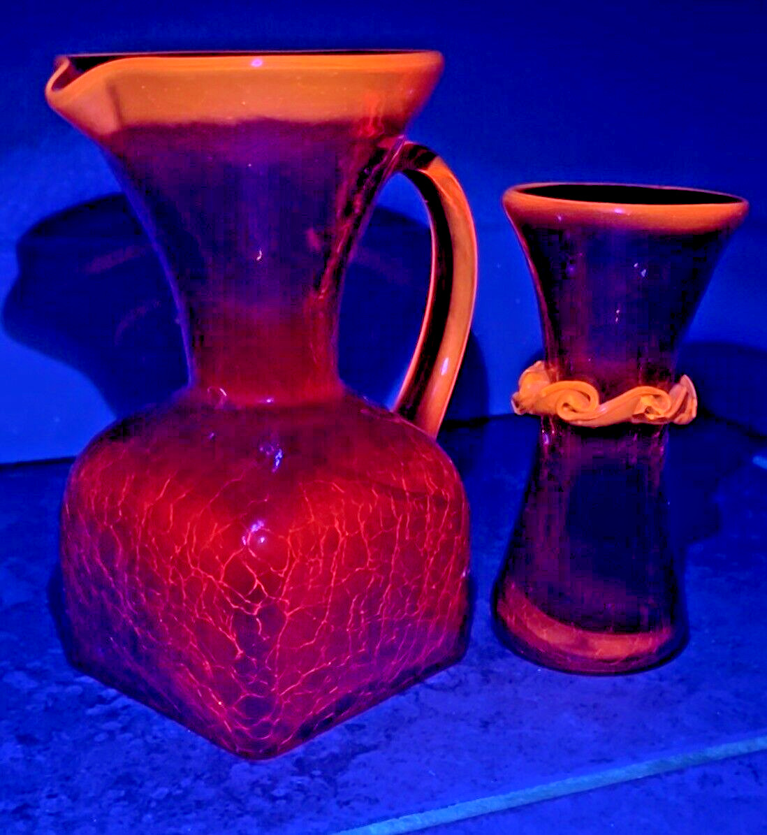 Vintage Blenko? Rainbow?Amberina Flourescent Crackle Glass  Pitcher & Vase Rare
