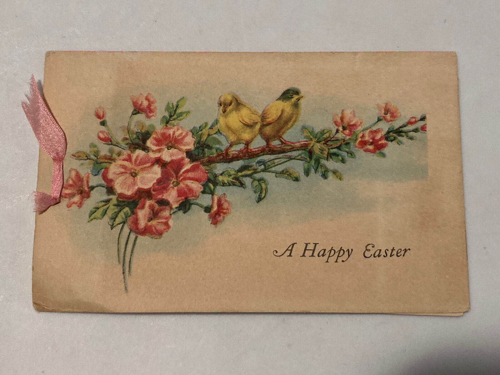 Vintage 1920\'s Yellow Birds & Magnolia Flowers Easter Greeting Card Ribbon Bound