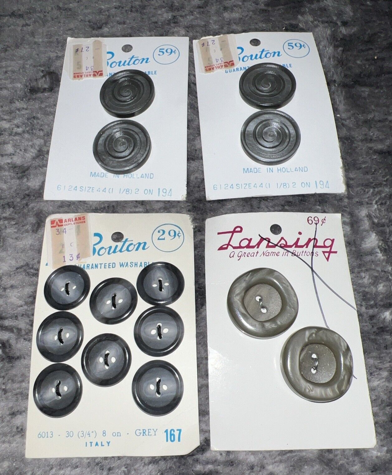 1960’s Vintage Button LOT Of 4 Grey Bouton Lansing Buttons Sz 44 30 3/4 & 1 1/8