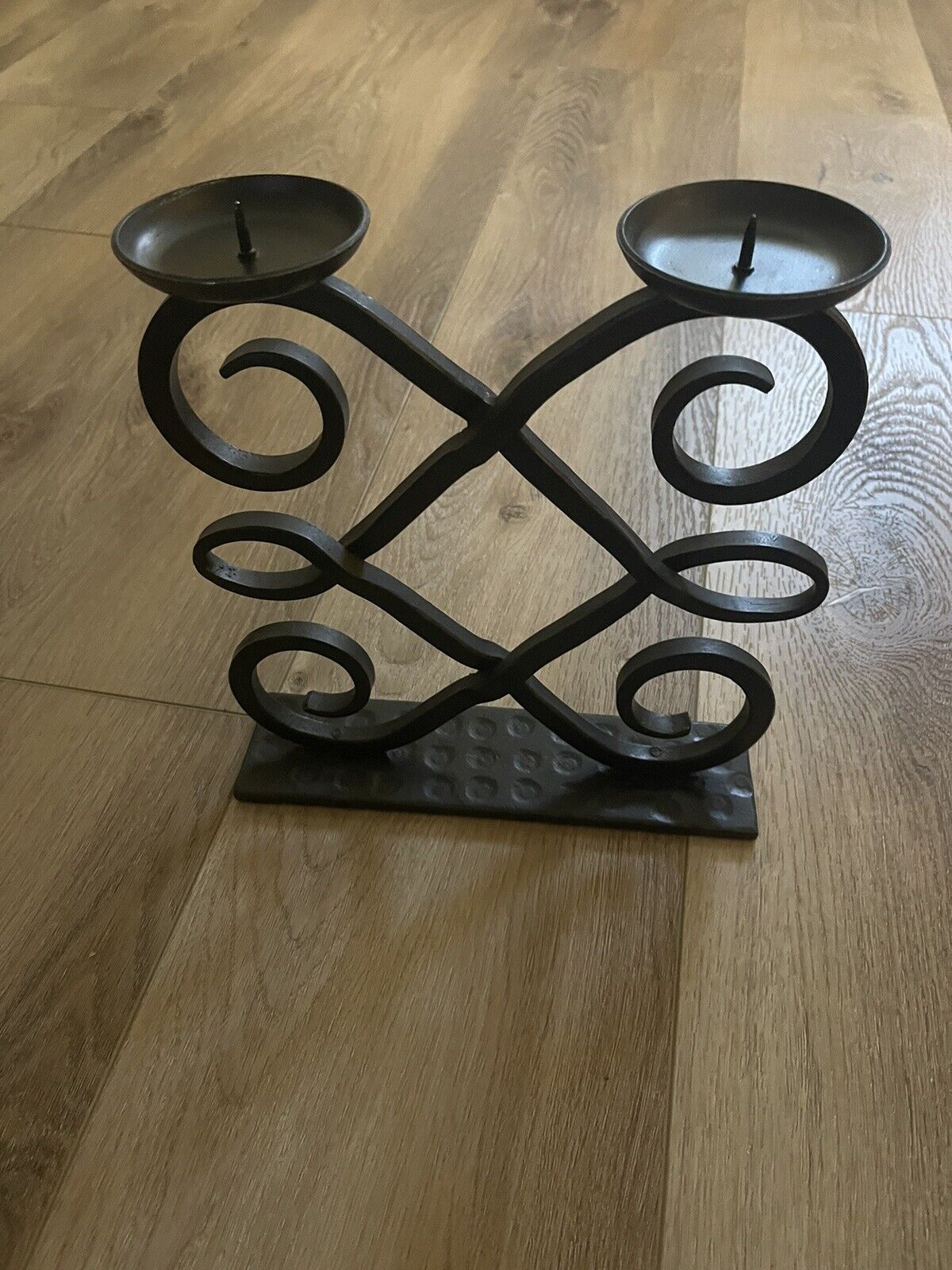 Vintage Rustic Hand Forged Wrought Iron Dual Pilar Candle Holder Black 11”x10”