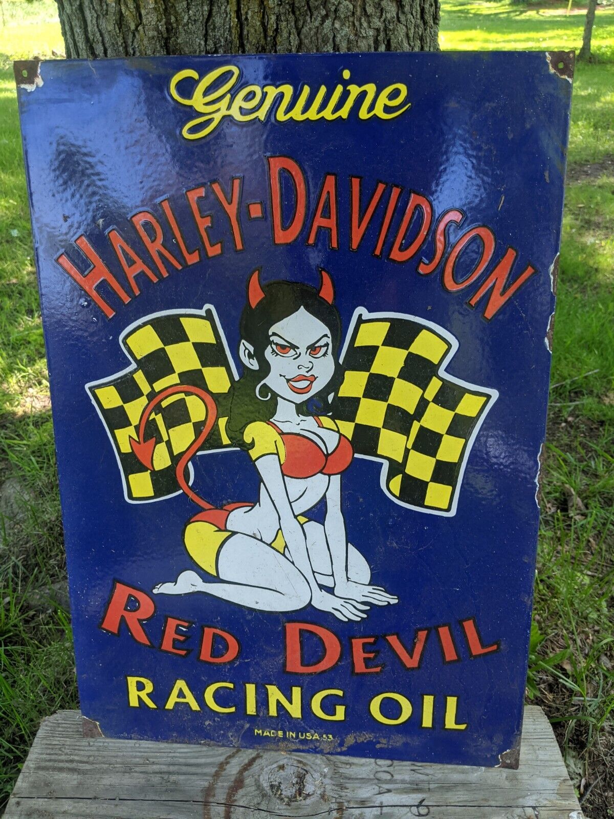LARGE VINTAGE \'53 HARLEY-DAVISON RED DEVIL MOTORCYCLE PORCELAIN SIGN 18\