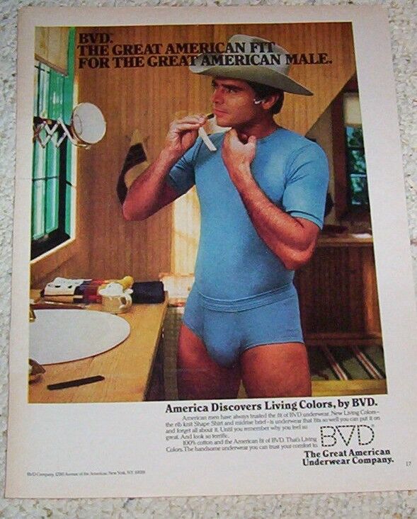 1980 print ad page - BVD mens underwear SEXY Cowboy guy shaving Advertising