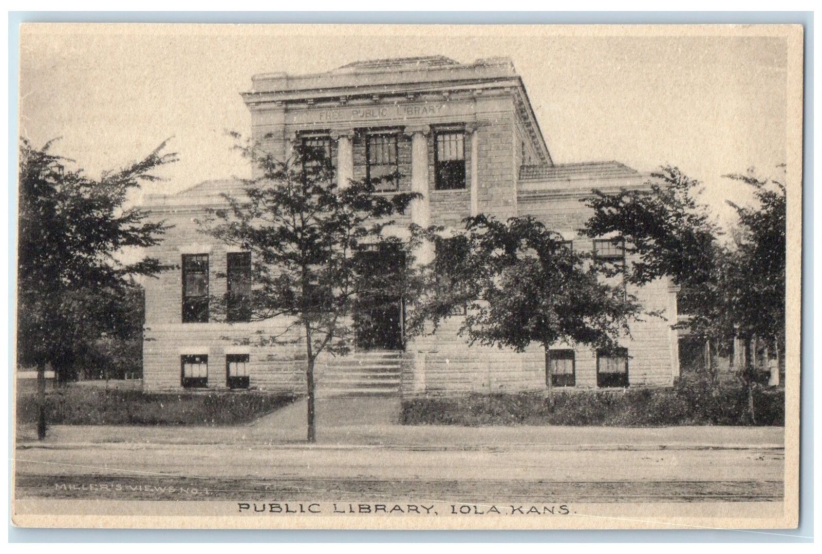 c1905\'s Public Library Building Exterior Roadside Iola Kansas KS Trees Postcard