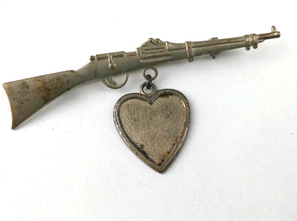 WWII Figural US Military Rifle Heart Charm Photo Holder Sweetheart Brooch Pin