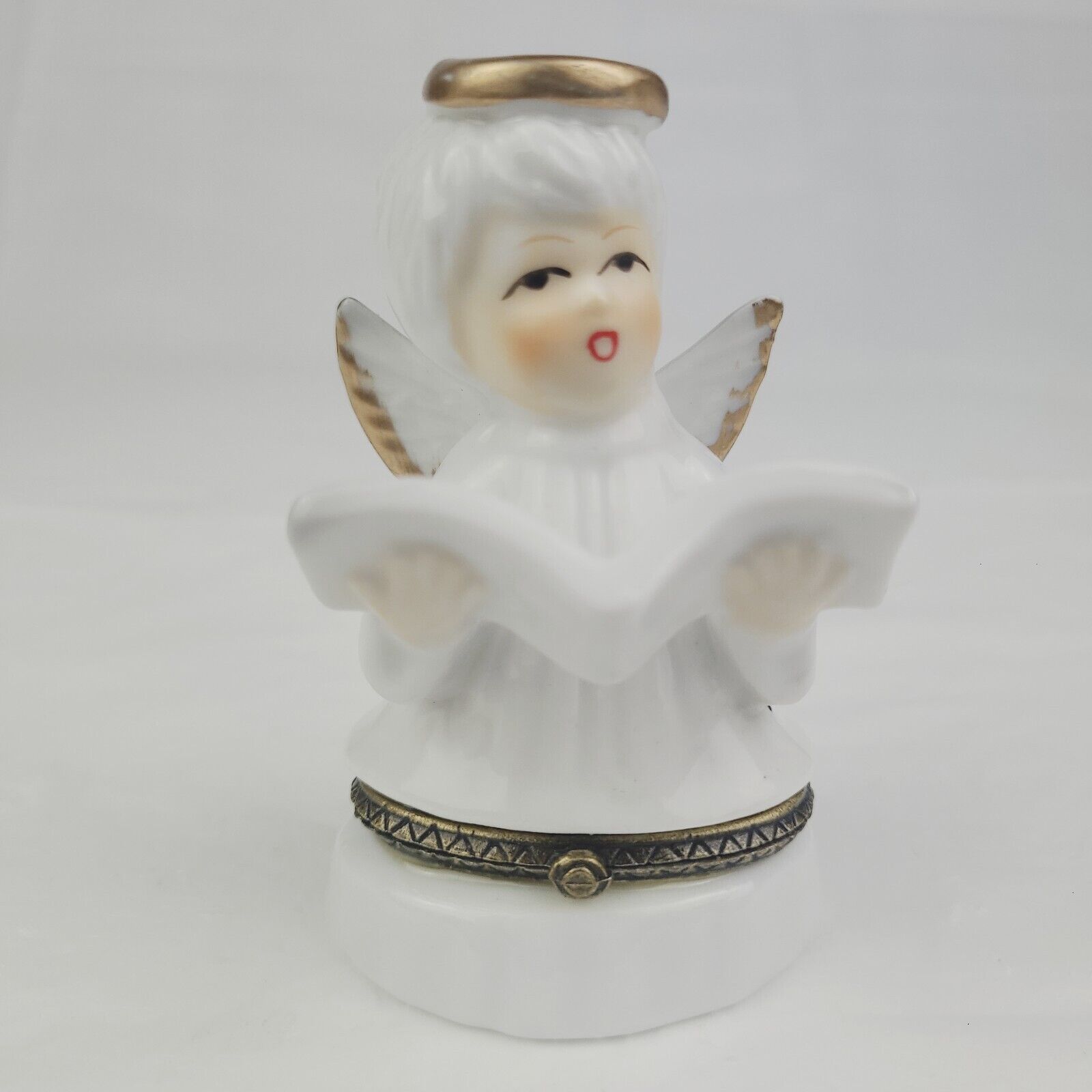 Vintage Porcelain Hinged Trinket Box Angel Singing Reading Book 