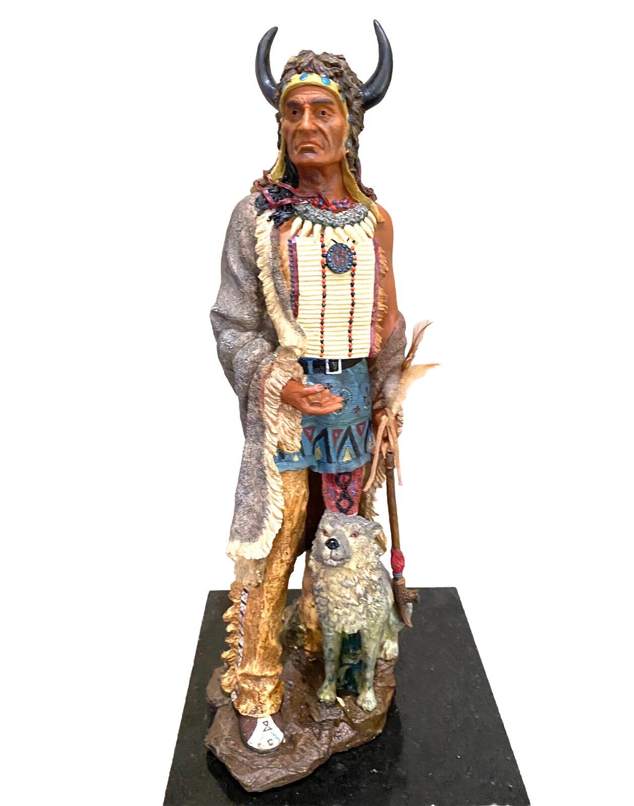 VTG 24” Indian Native American Warrior Wolf Statue Buffalo Horns Spear Figurine