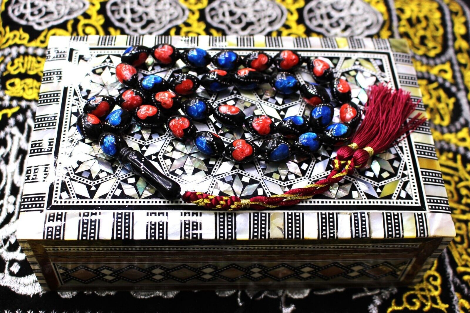 Kouk Misbaha Kuka Tasbih Rosary Inlaid Blue red black Prayer Beads سبحة كوك مطعم