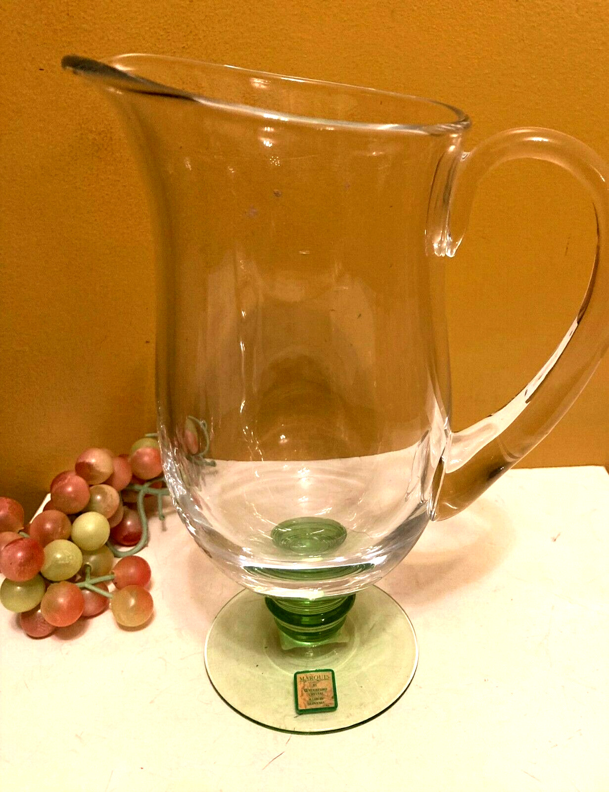 Waterford Marquis Crystal Glass Jug Bermuda Footed Pitcher Green Stem 10