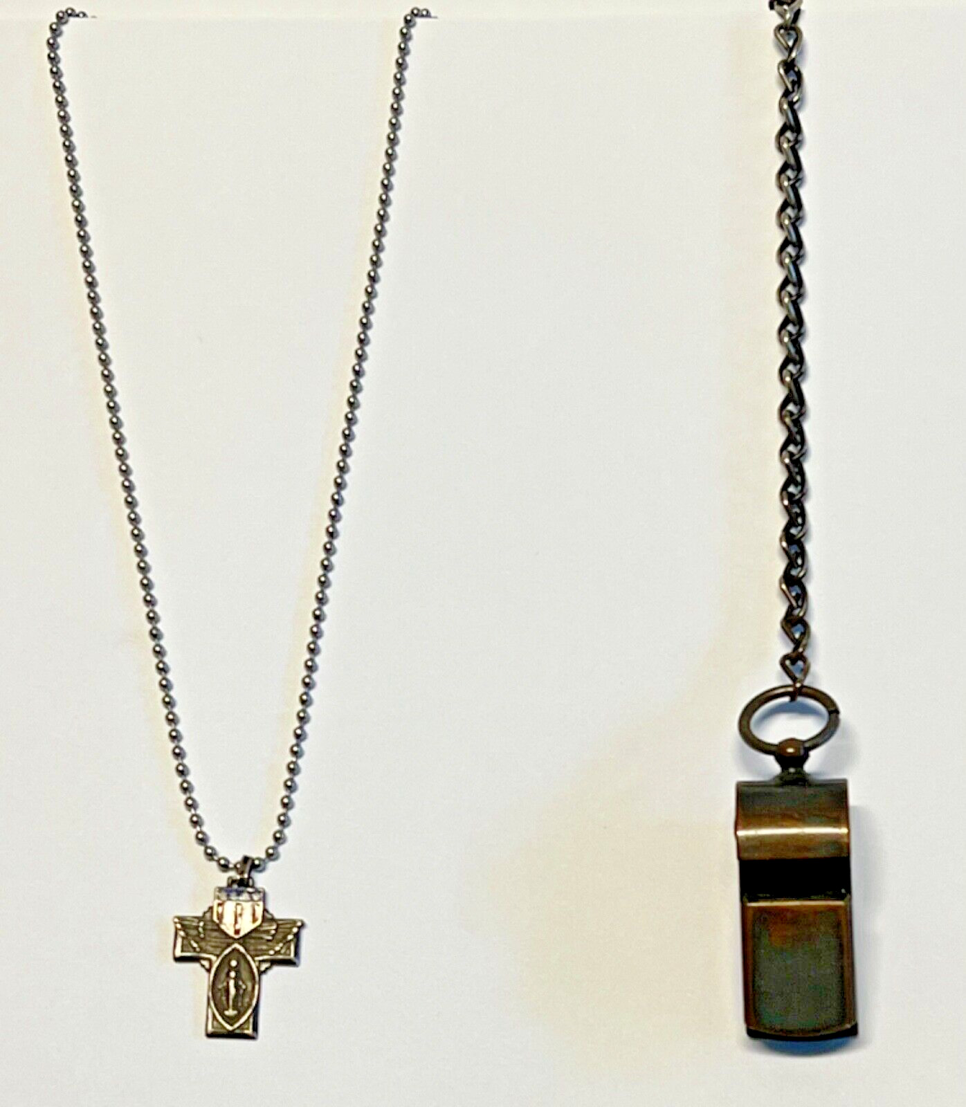 Original WWI US Soldiers Personal Item Lot; Qty 2; Whistle & Cross + Chains