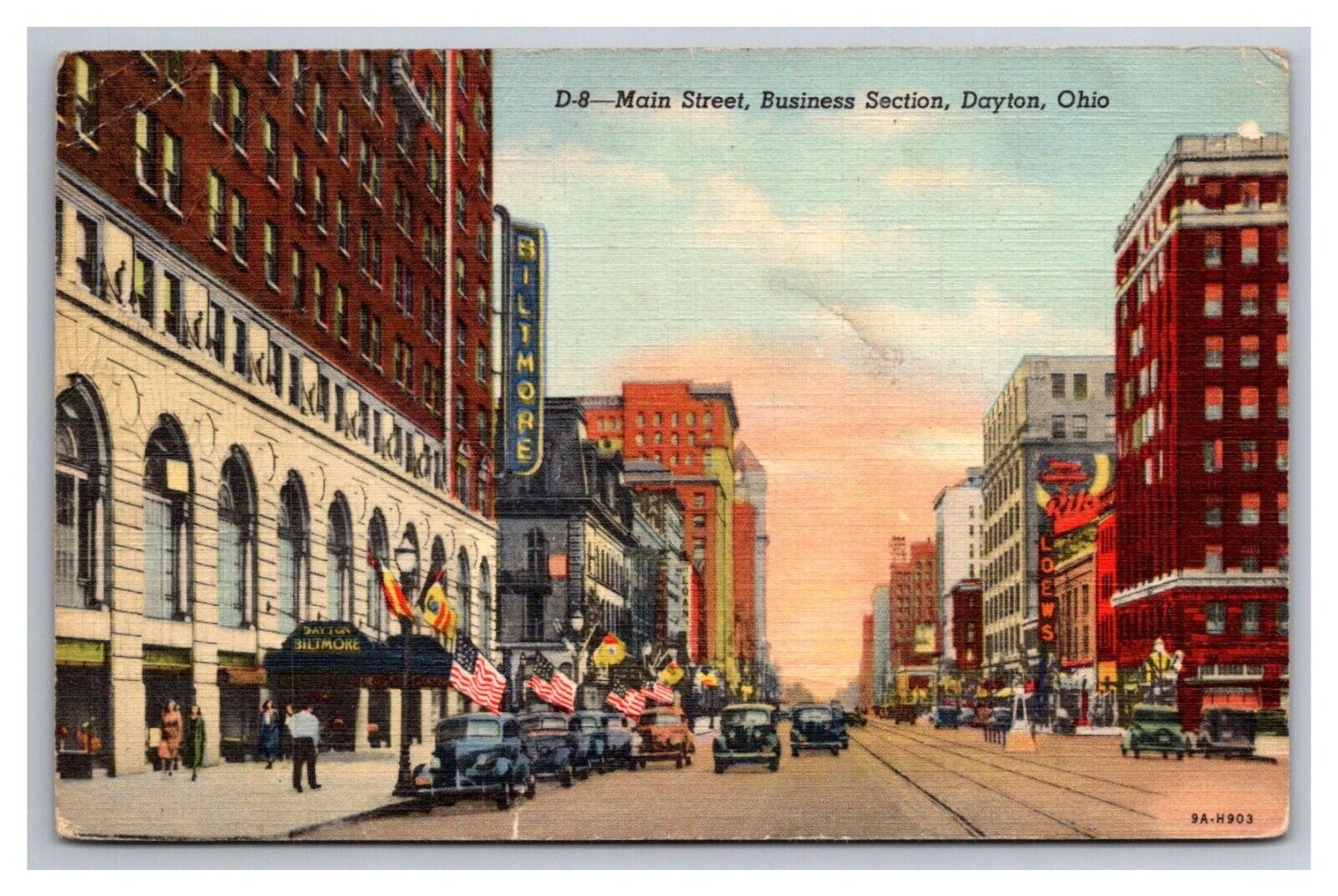 Postcard Dayton Ohio Main Street Scene Old Cars