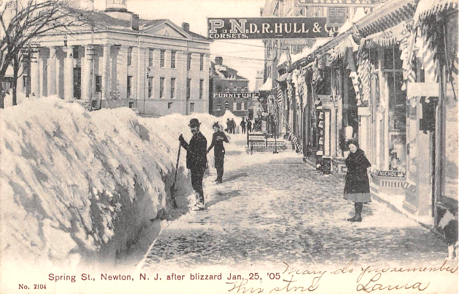 1905 Clearing Snow from Store Fronts after Blizzard Spring St Newton NJ postcard