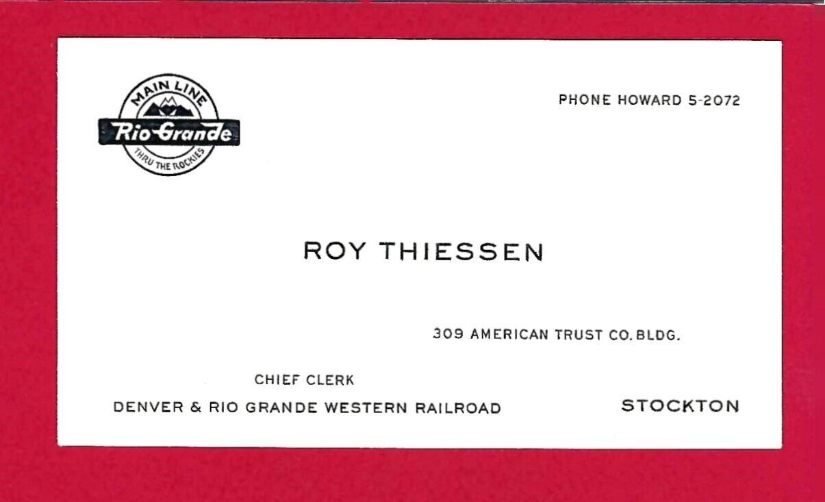 Vintage Rio Grande Railroad Business Card- Stockton, CA - 1950\'s