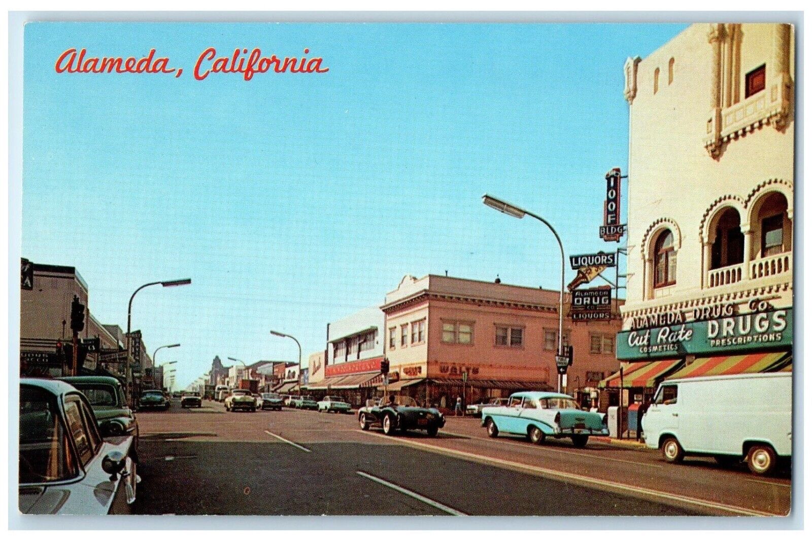 c1950's Park Street Drugs Store Liqours Cars Alameda California CA Postcard