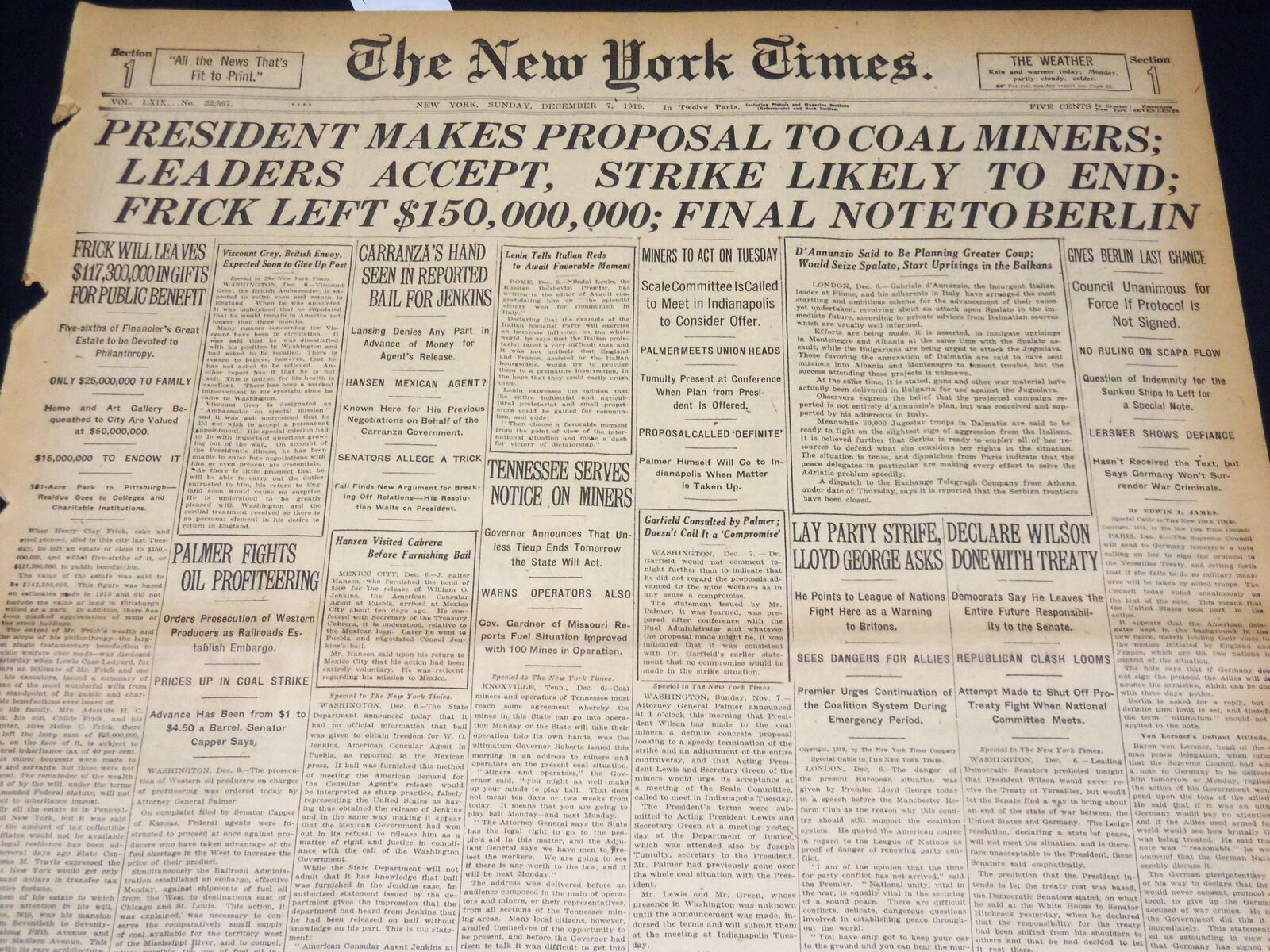 1919 DECEMBER 7 NEW YORK TIMES NEWSPAPER - FRICK LEFT $150,000,000 - NT 7948