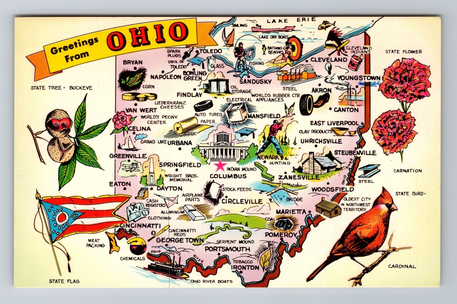 OH-Ohio, General Map Greetings Landmarks, Antique, Vintage Souvenir Postcard