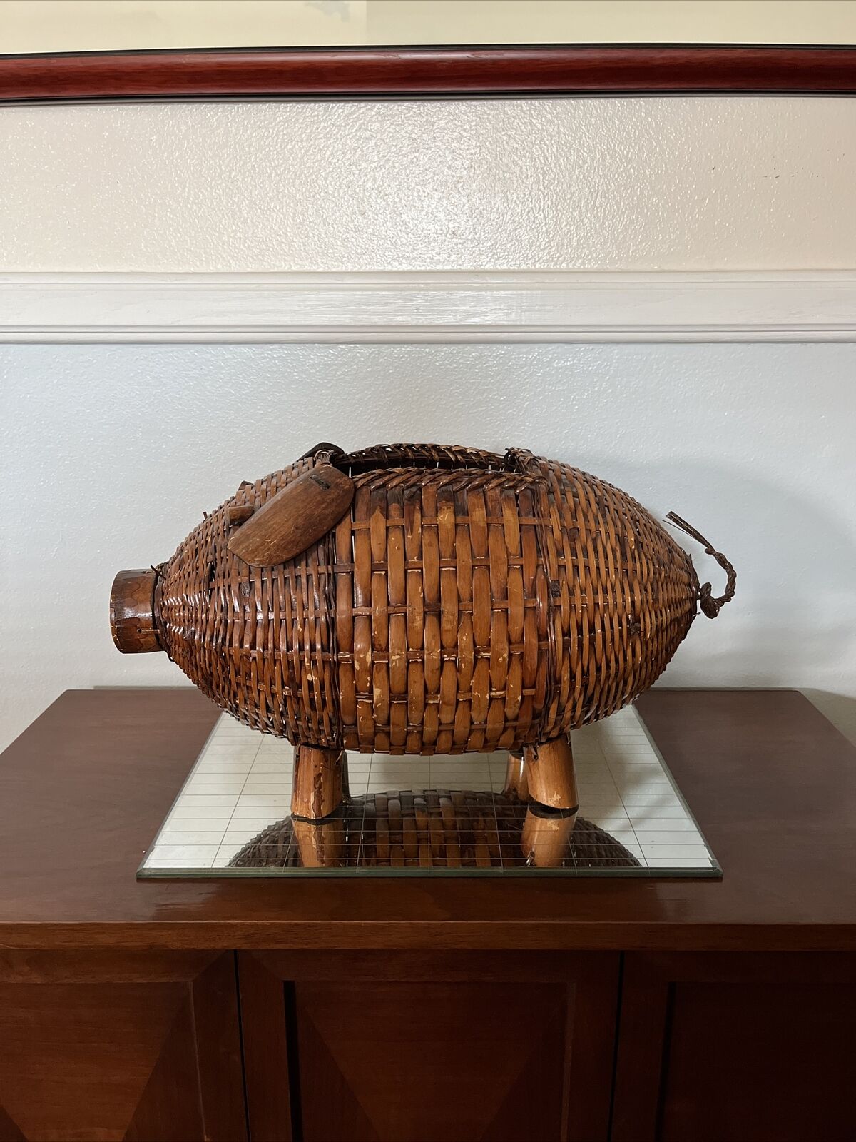 MCM 20th Century Hand Woven Wicker and Bamboo Large Pig Basket