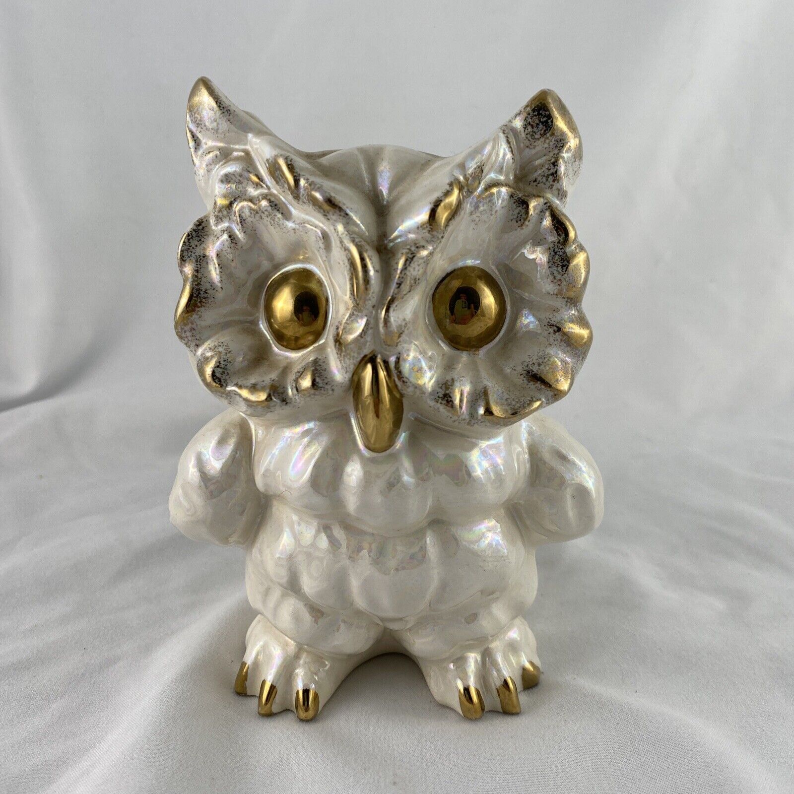Vintage MCM Ceramic Norcrest Owl Bank Pearlescent White & Gold Japan