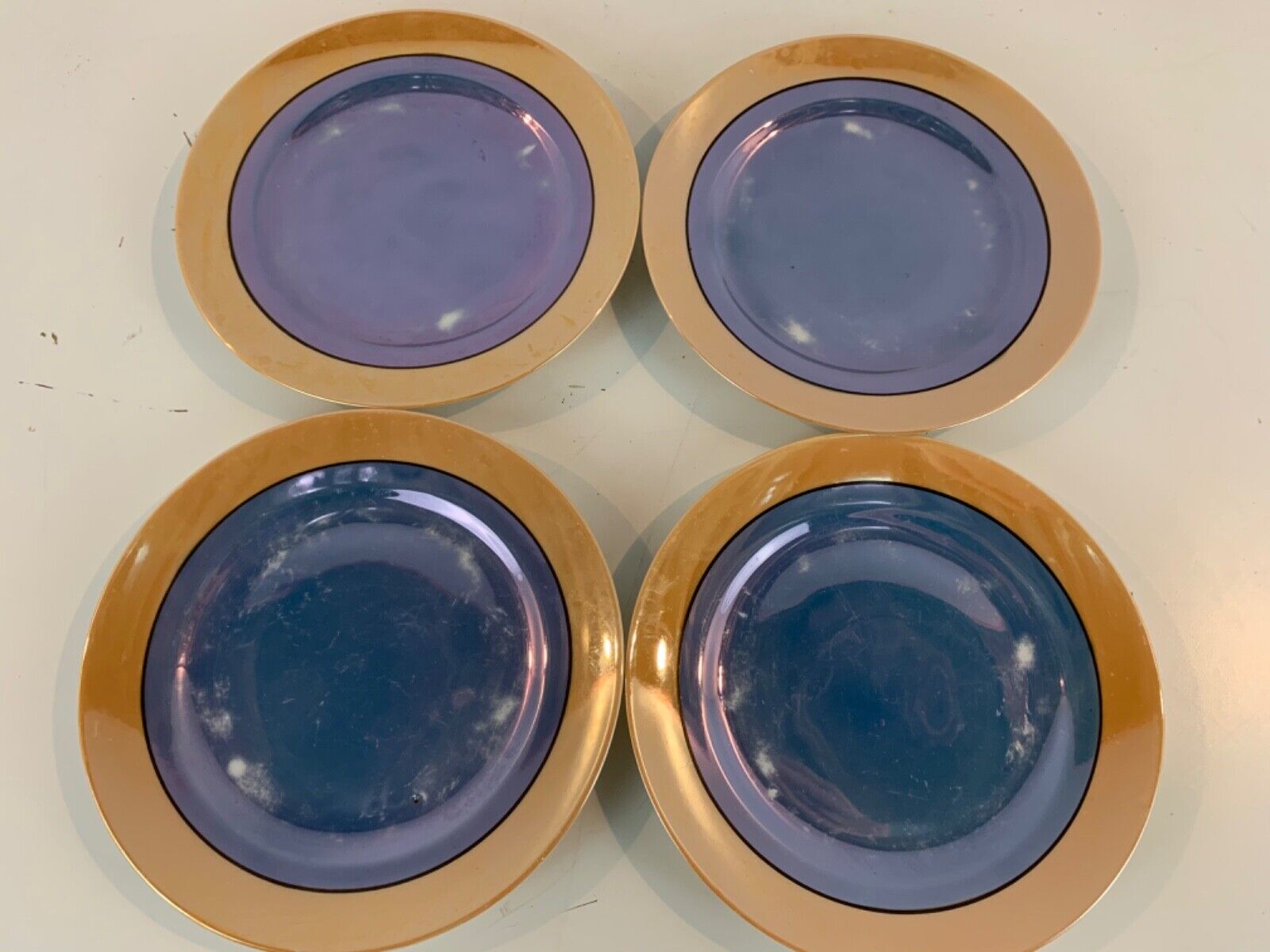 Vintage Japanese Porcelain Iridescent Blue & Gold Set of 4 Plates