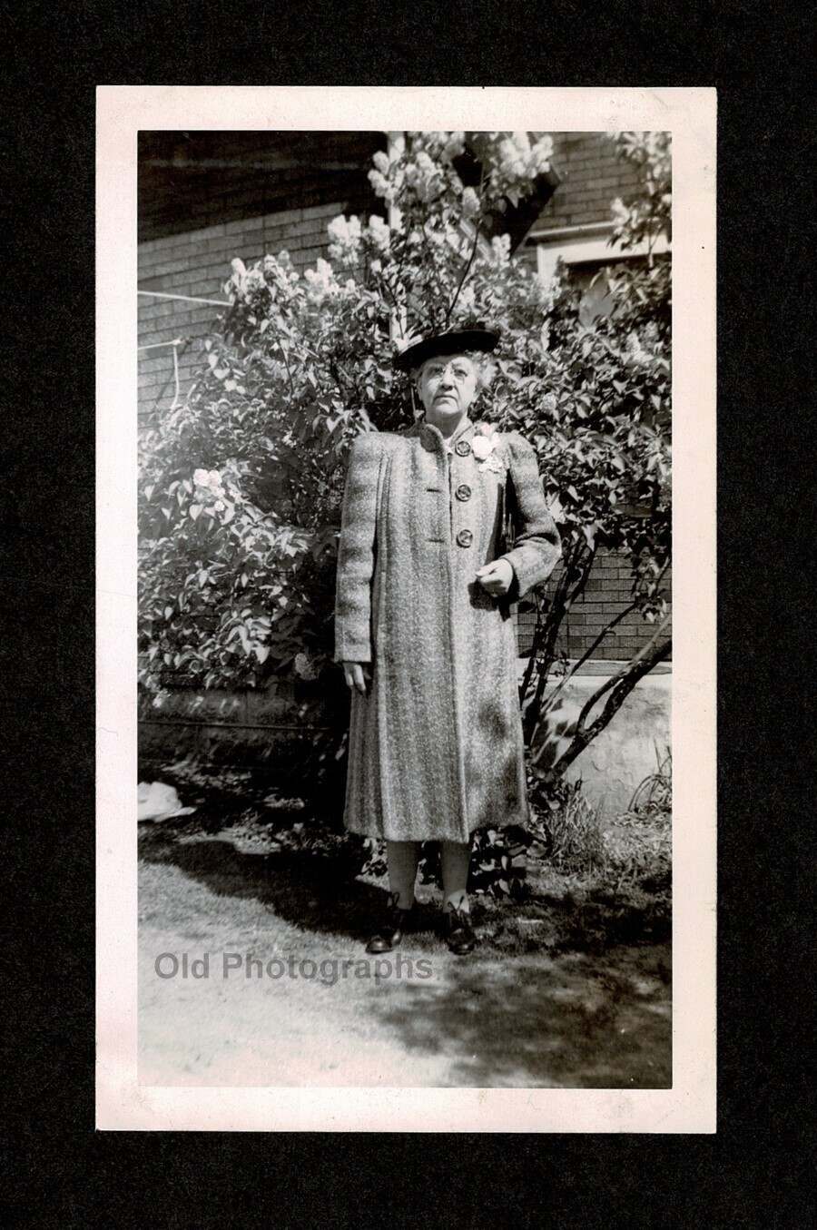 OLDER WOMAN FANCY HEAVY OVERCOAT HAT LILAC BUSH FLOWERS OLD/VINTAGE PHOTO- I266