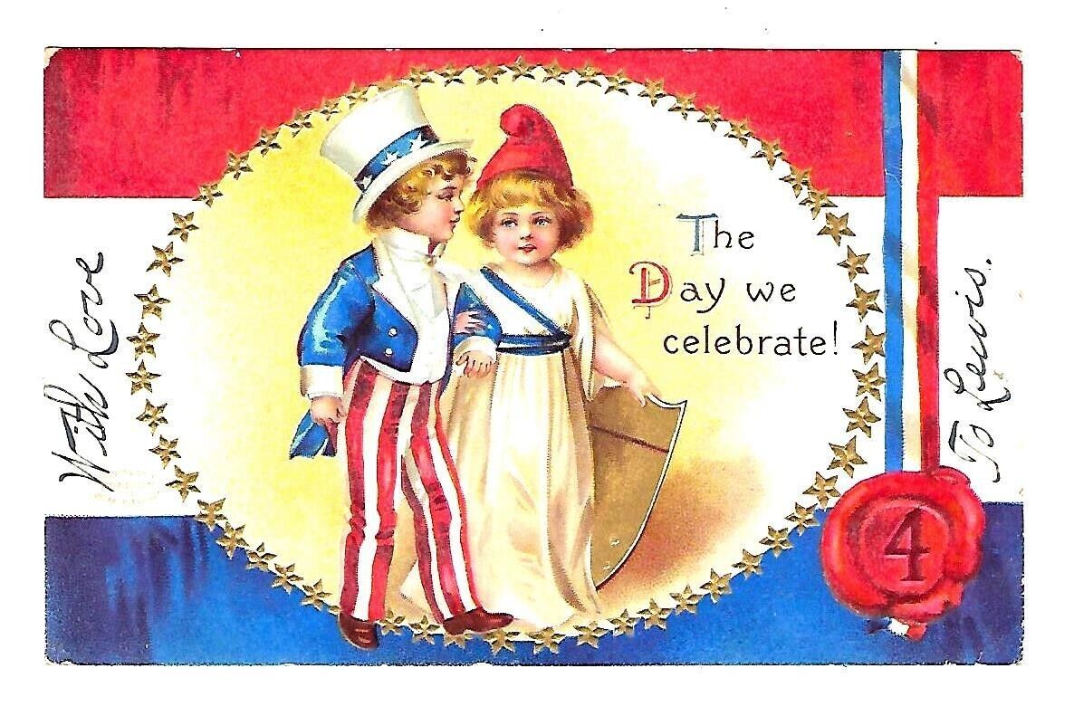 Early 1900's Clapsaddle Patriotic Postcard Uncle Sam & Columbia