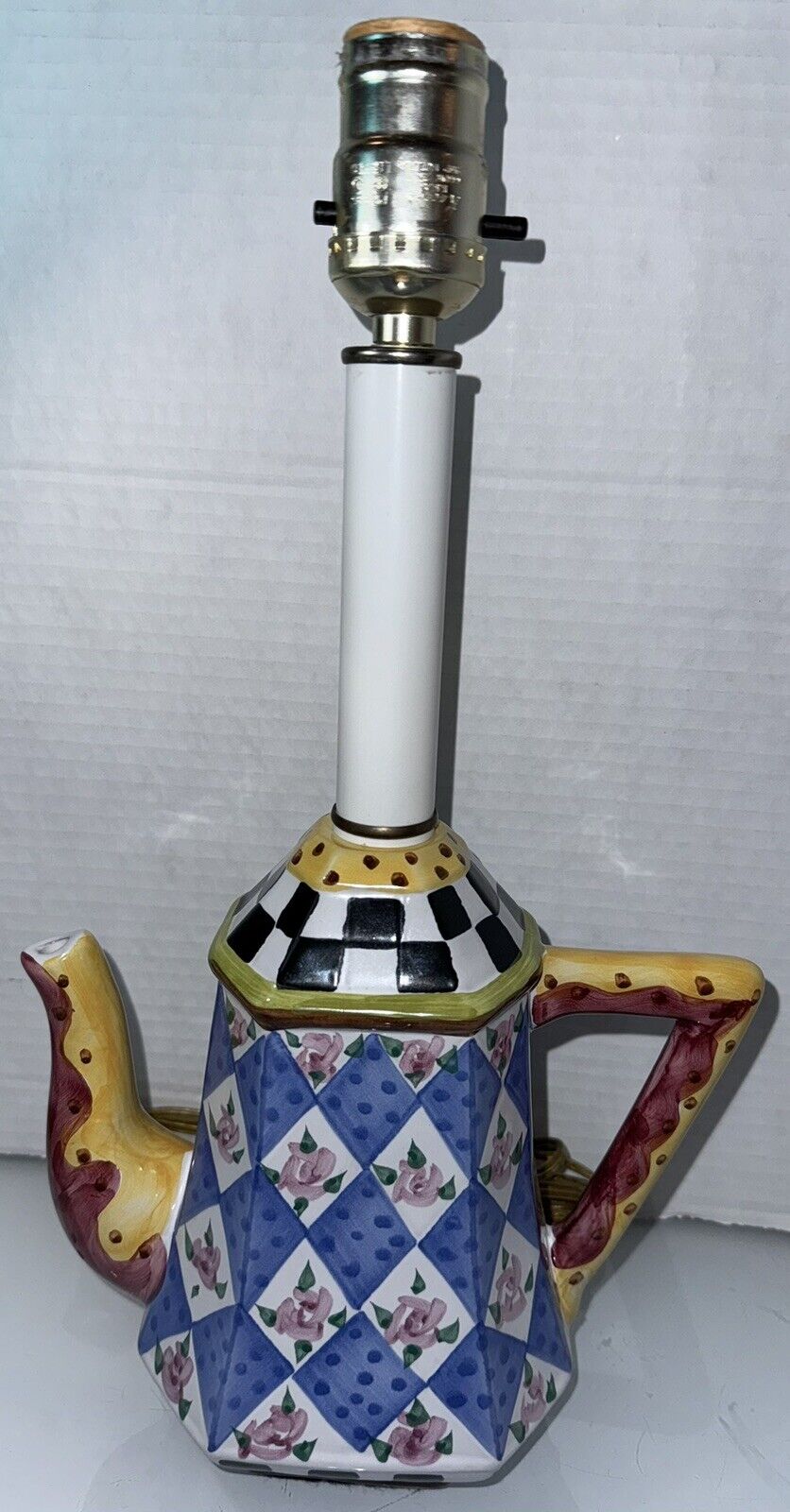 Milson & Louis Hand Painted Checkered Teapot Lamp Whimsical