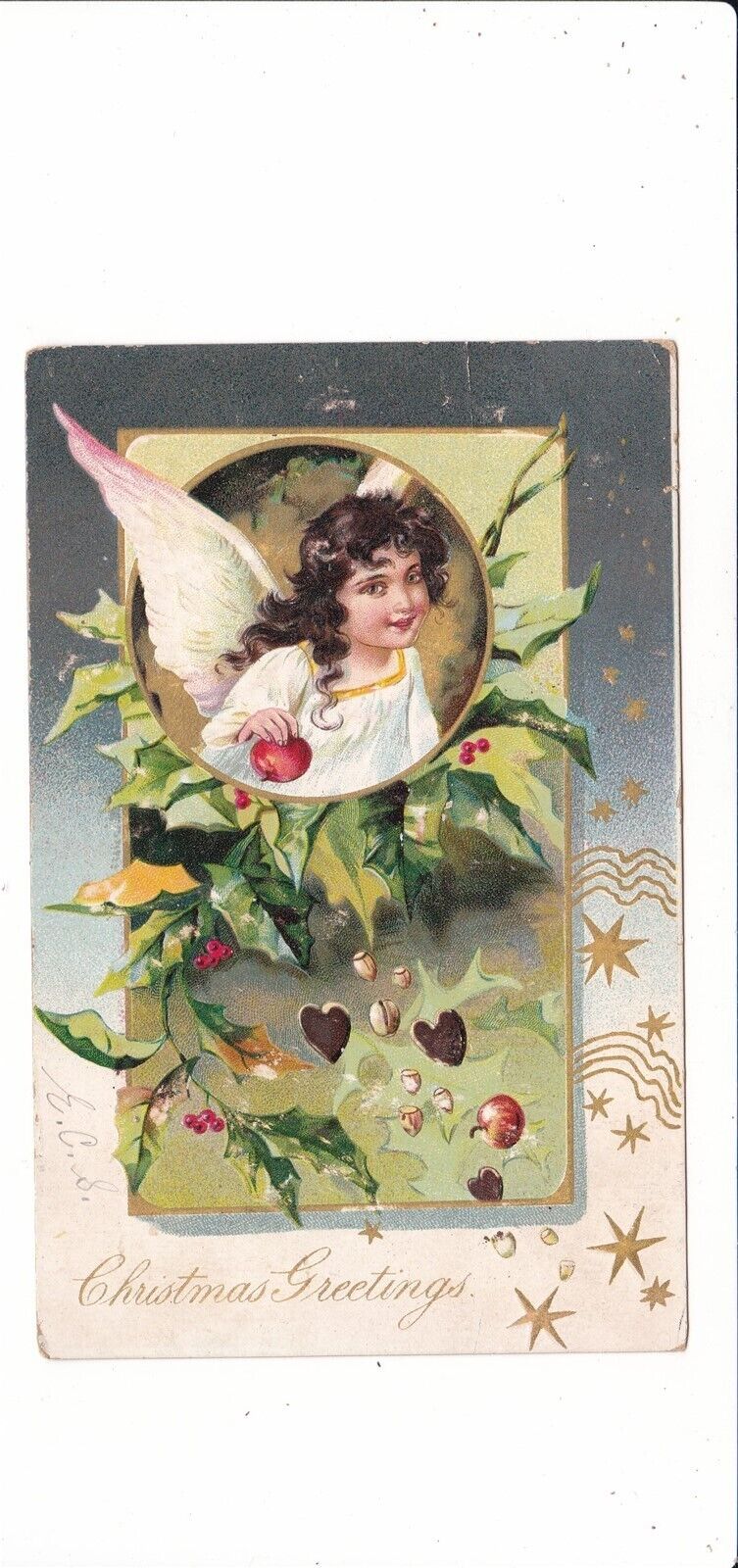 Christmas Greetings antique postcard / udb / angel girl apples