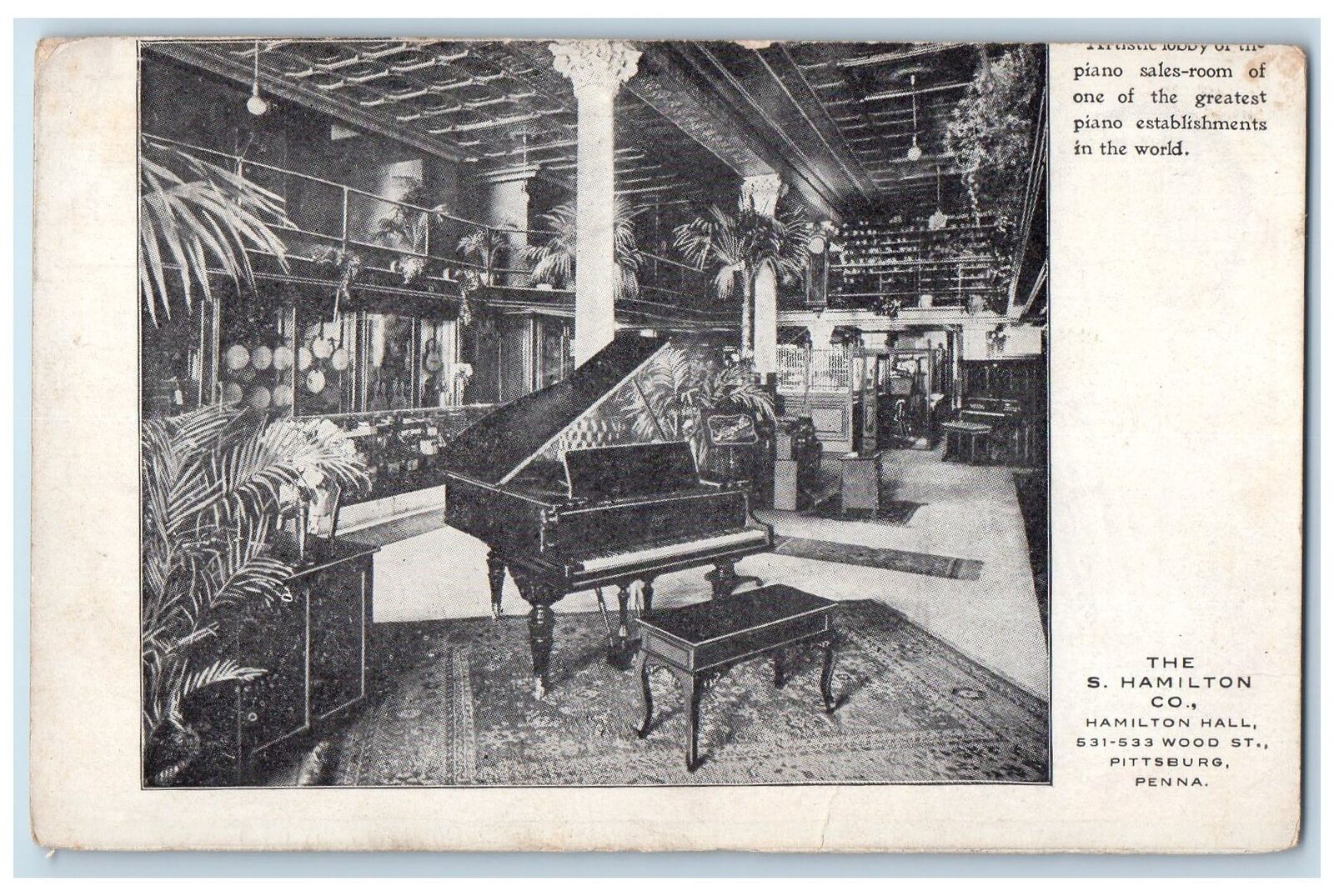 c1910's Hamilton Hall Interior Piano Scene Pittsburg Pennsylvania PA Postcard