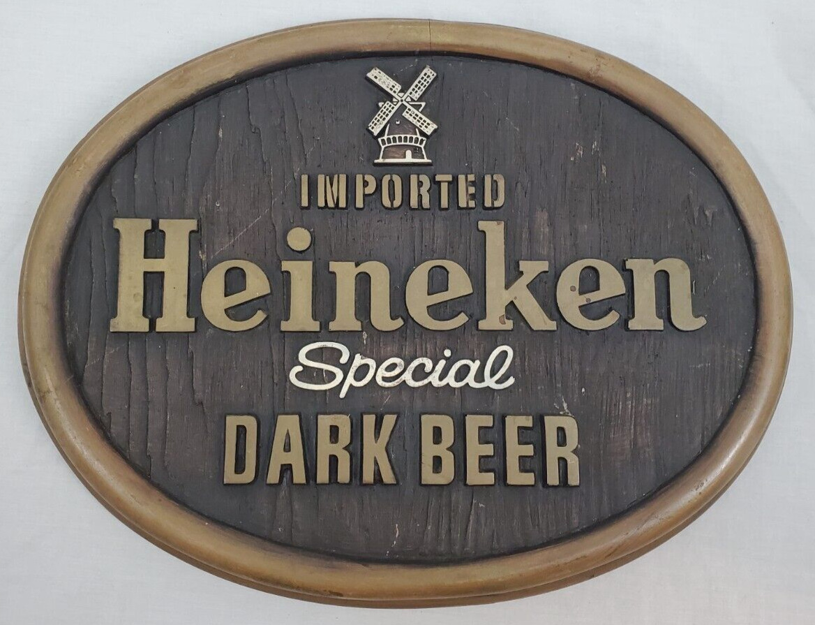 VINTAGE ~ Imported Heineken Special Dark Beer ~ Bar Sign Faux Wood ~ c.1983
