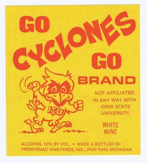 Go Cyclones Iowa State mascot, Frontenac vineyard Michigan vintage wine label