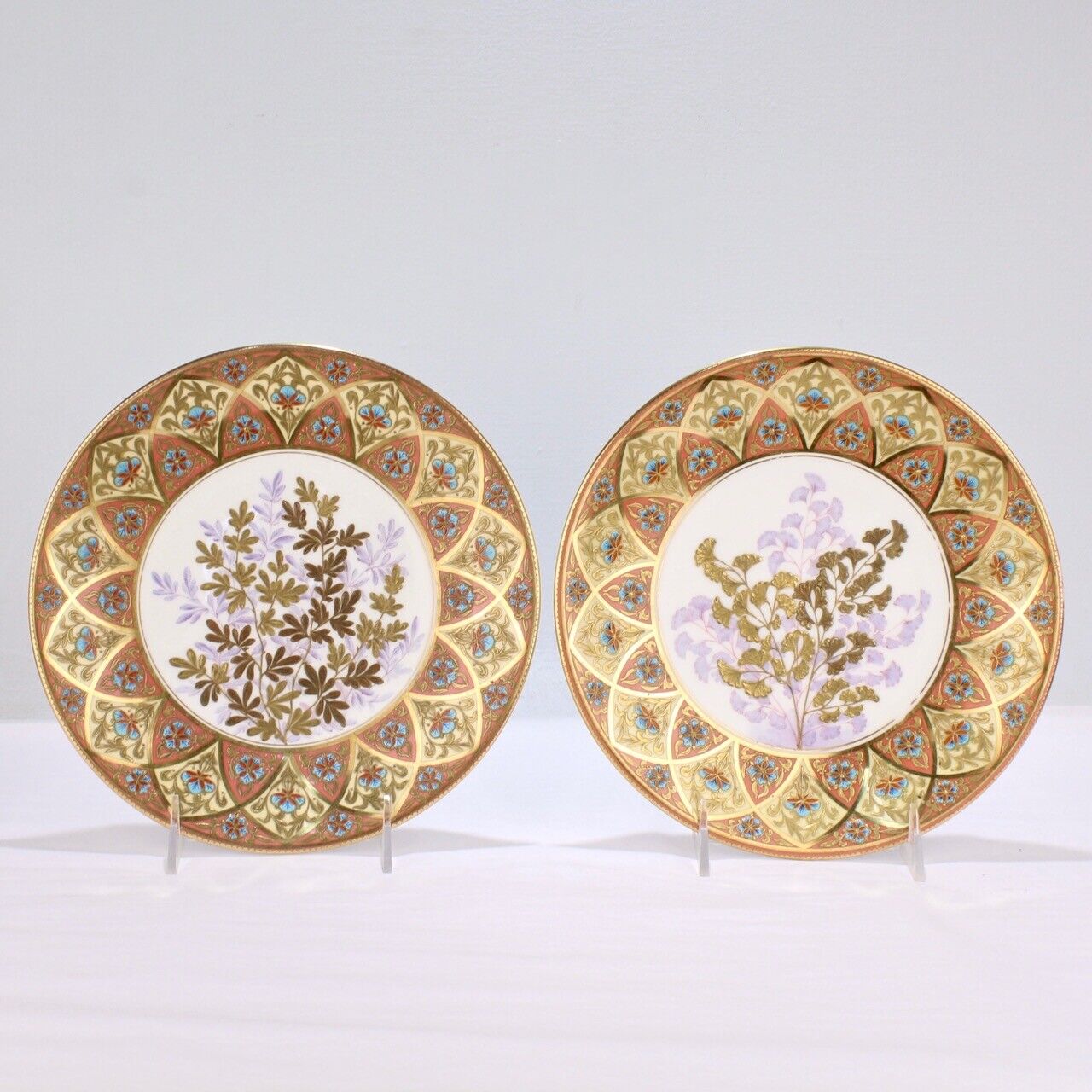 Derby Porcelain Aesthetic Period Gilt & Enameled Botanical Cabinet Plate Pair PC